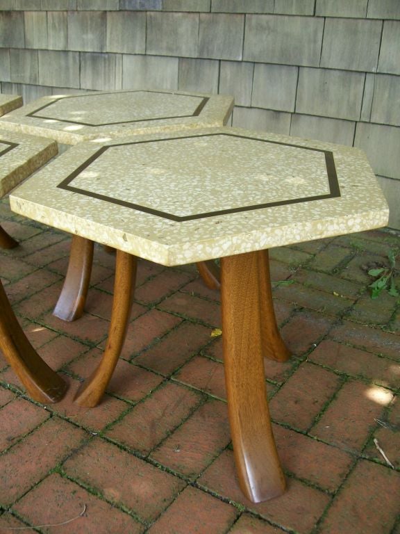 A beautiful grouping of Probber honeycomb occasional tables - perfect together or apart.  Excellent Terrazzo tops with simple brass inlay trim.  Priced and sold individually..

This item is currently on view in our Manhattan showroom: 
 200