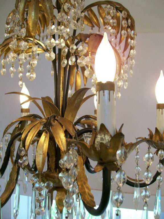 Gilded Palm and Crystal Six-Light Chandelier