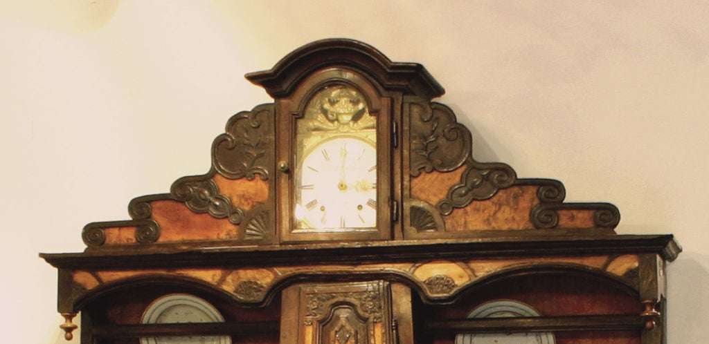 A Rare French Elm, Walnut & Pearwood Stepback Cupboard In Good Condition For Sale In Sheffield, MA