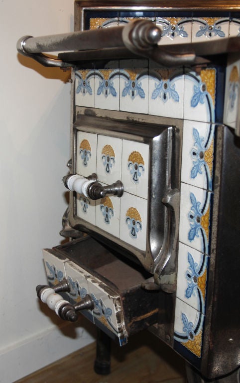 20th Century An Unusual Art Nouveau Cast Nickel & Porcelain Stove