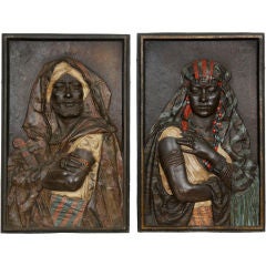 A Pair of Polychrome Metal Bas Relief Panels by Louis Hottot