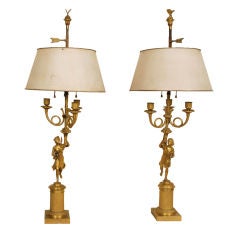 A Pair of Neoclassical Bronze Dore Candelabra now as Lamps