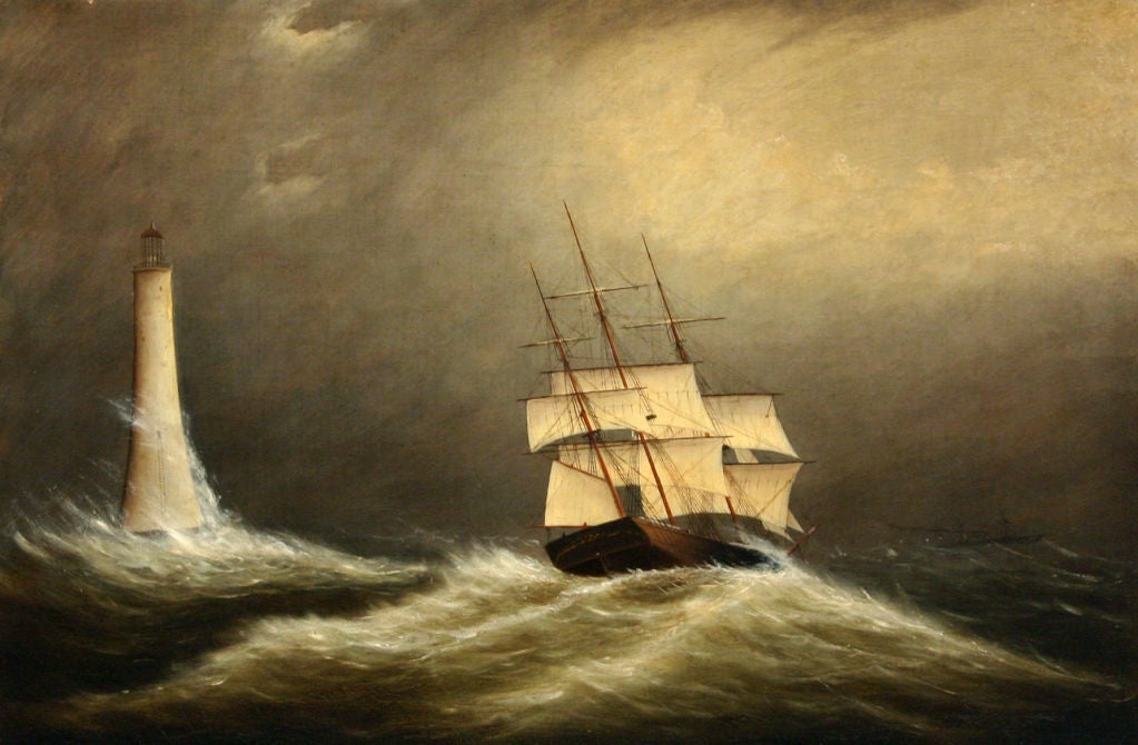Clement Drew <br />
American, 1806-1889 <br />
 <br />
“Eddystone Light, Coast of England” <br />
 <br />
Oil on canvas <br />
Dated 1878 and inscribed on the reverse <br />
20 by 30in.  <br />
w/frame 25 by 35in. <br />
 <br />
     