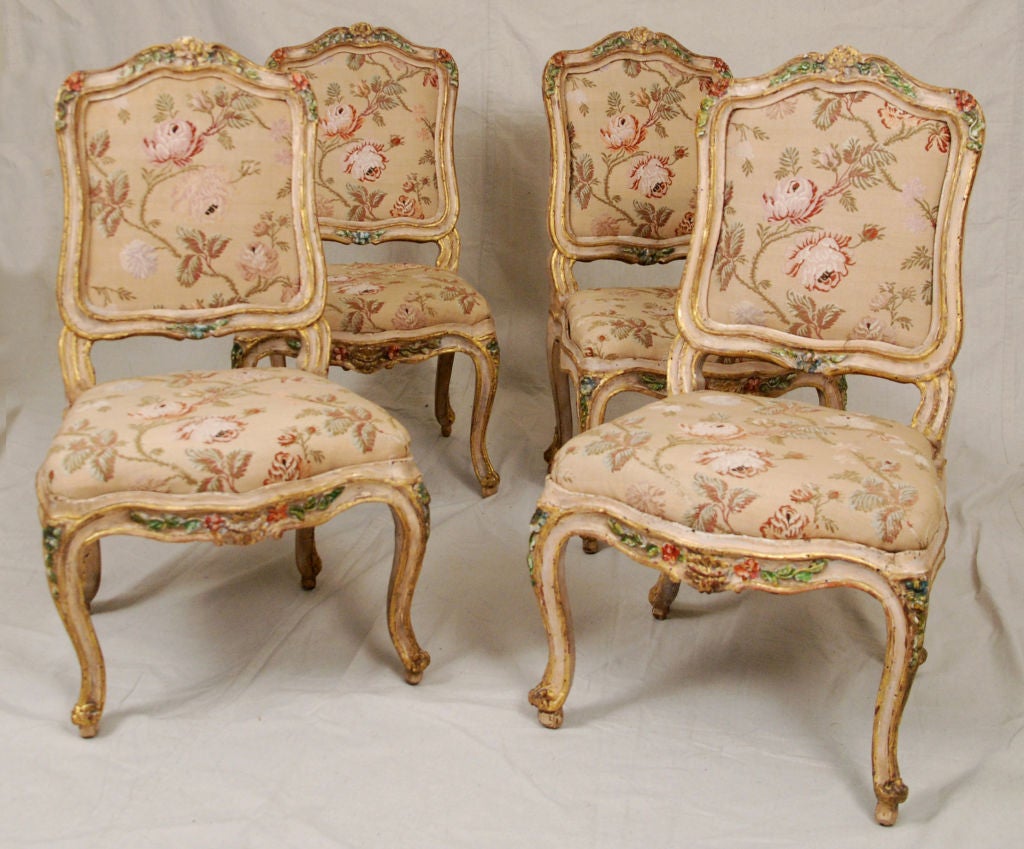 A Rare set of Four Petite Louis XV 
Painted & Parcel Gilt Side Chairs
  Stamped Tillard  

Circa 1750 

Height 33 ½ in. Width 19 in. Depth 17 in. 

 

       Jean-Baptiste Tilliard belonged to one of the most important families of