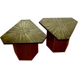 Pair of unusual etched metal top triangular tables signed Urso