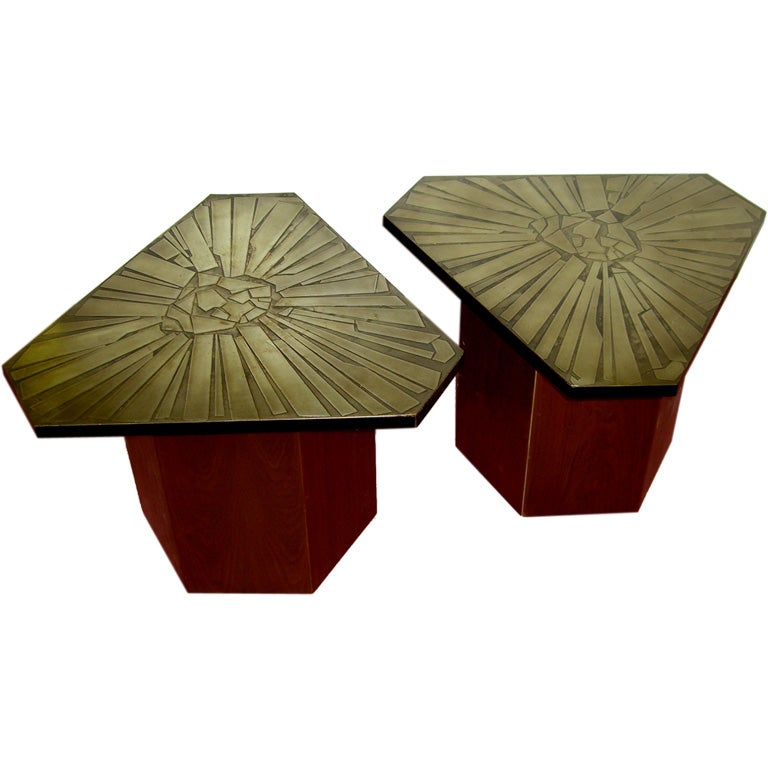 Pair of unusual etched metal top triangular tables signed Urso