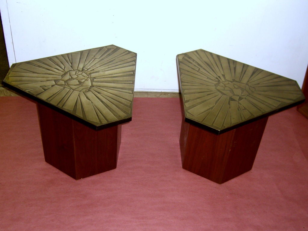 A pair of unusual etched metal top triangular tables that are signed G. Urso. I have not been able to find out anything about this artist or these tables. They came out of a wonderful estate whose owner's collected many of Vladimir Kagan's pieces. 
