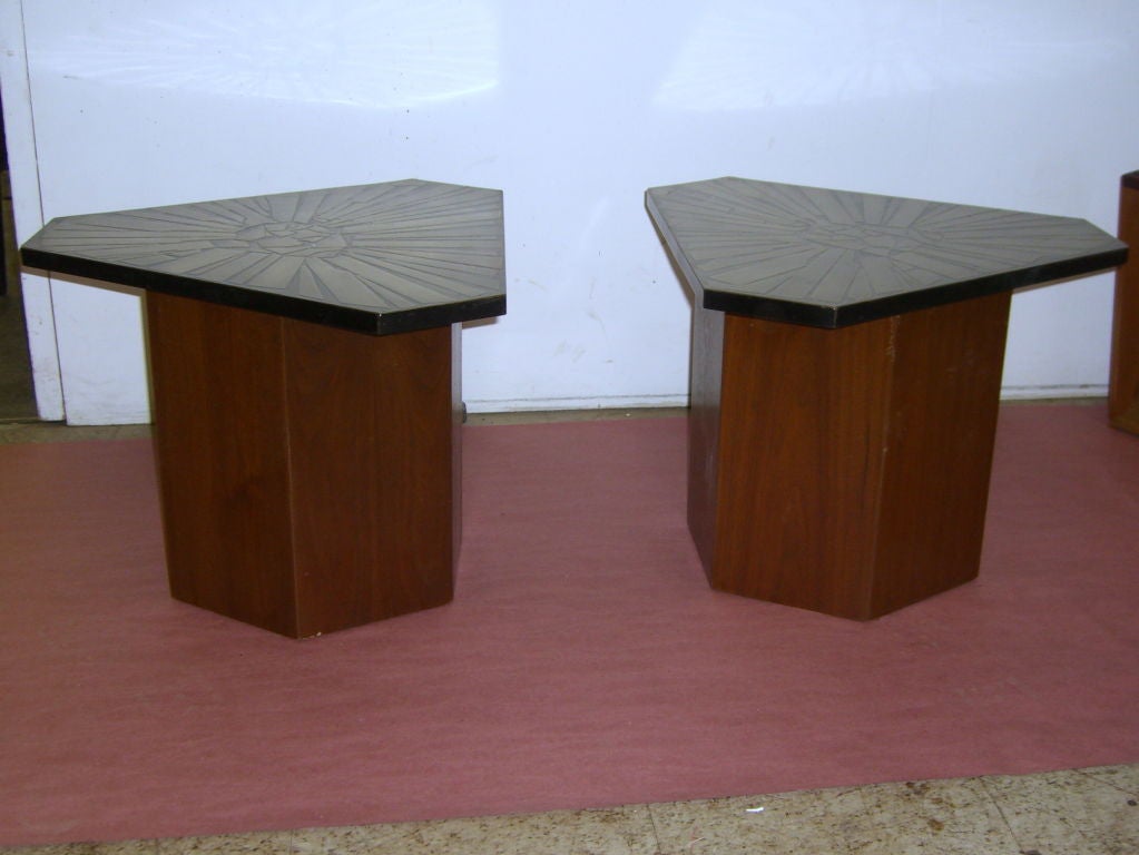 American Pair of unusual etched metal top triangular tables signed Urso