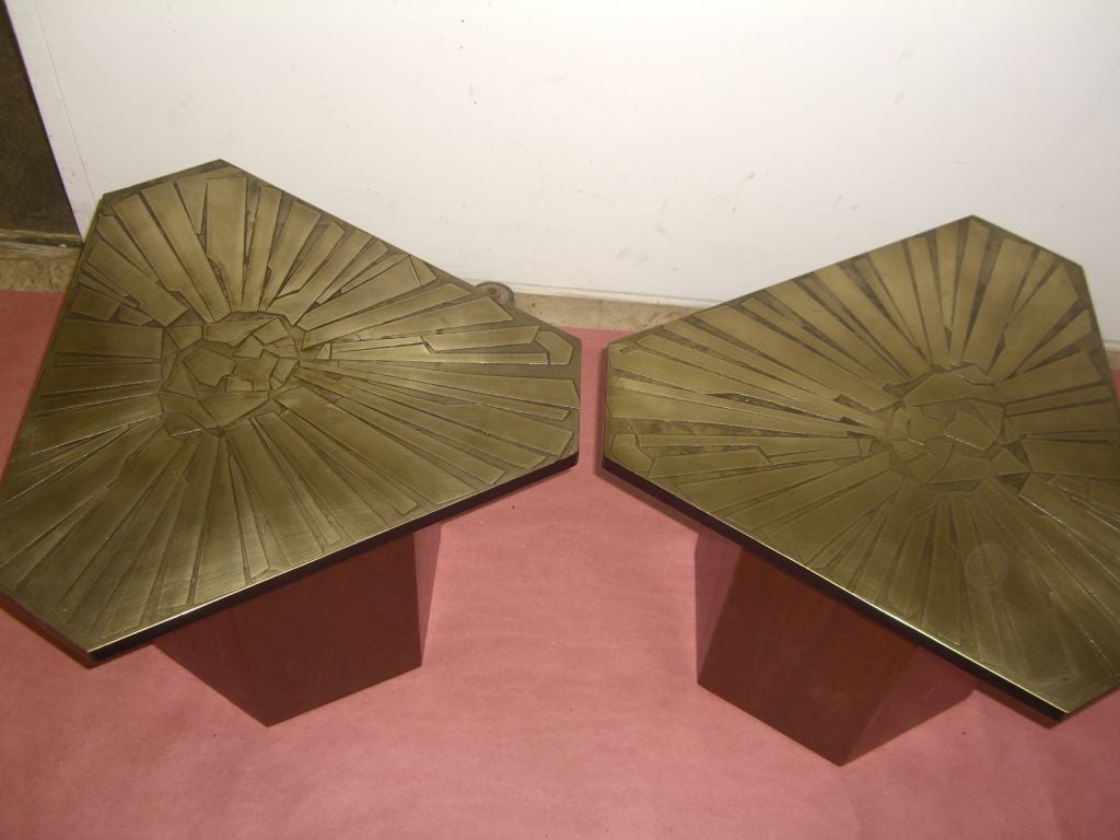 Metal Pair of unusual etched metal top triangular tables signed Urso