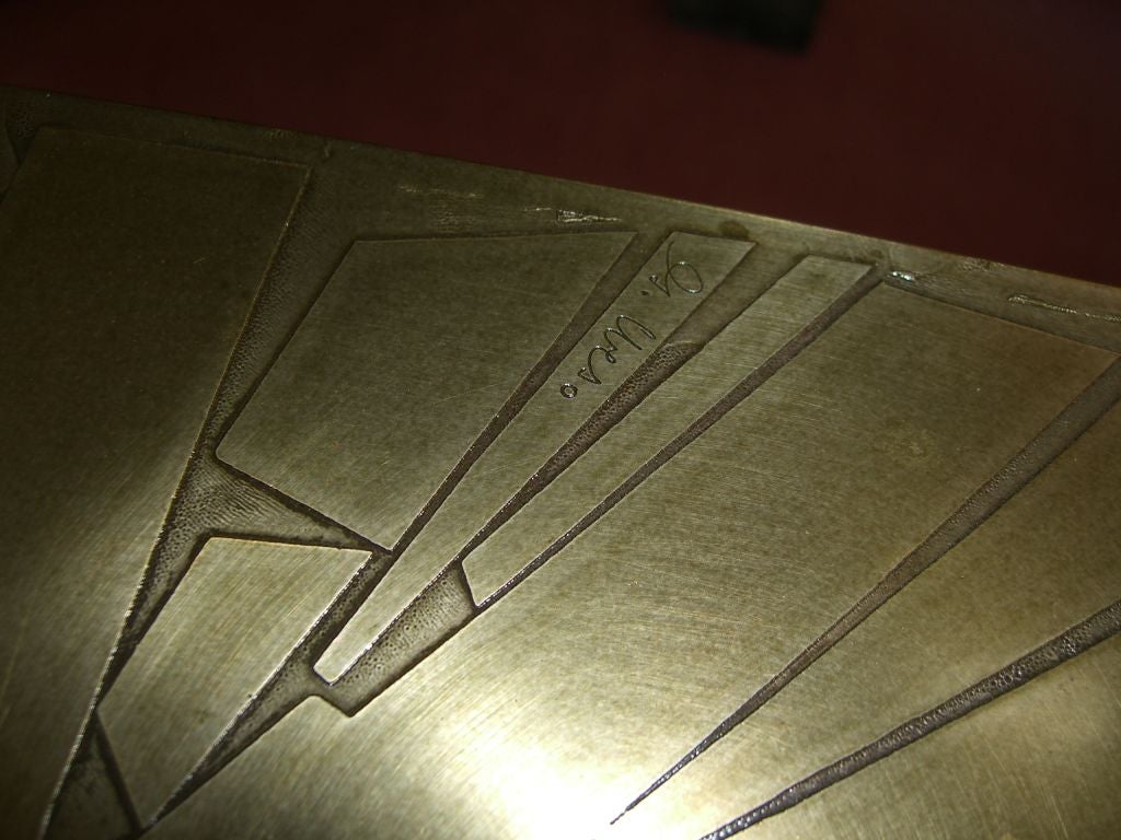 Pair of unusual etched metal top triangular tables signed Urso 2