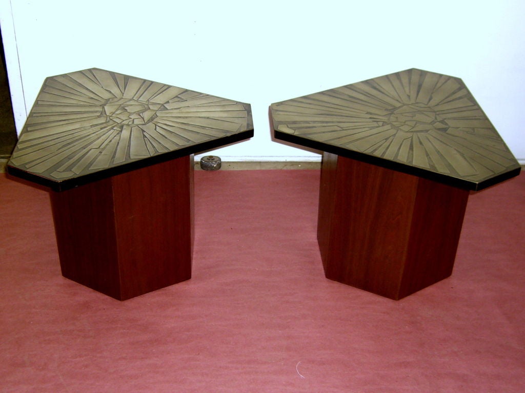 Pair of unusual etched metal top triangular tables signed Urso 3