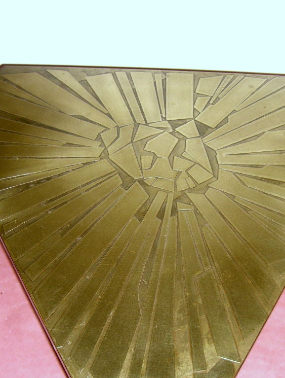 Pair of unusual etched metal top triangular tables signed Urso 4