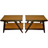 Pair of 1950's wedge shaped cerused oak tables with cork tops