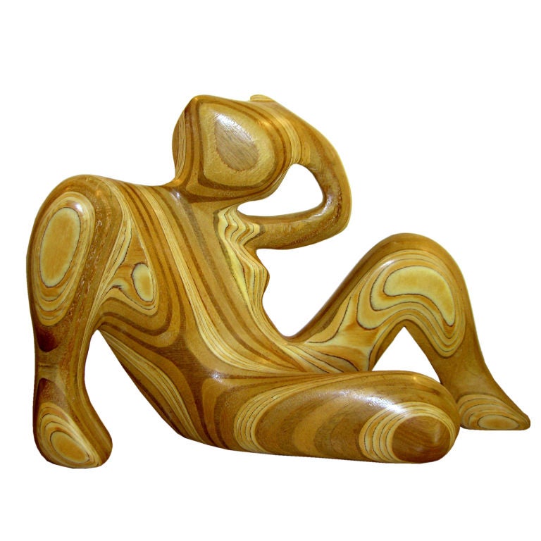 Cubist laminated wood hand carved nude sculpture woman signed