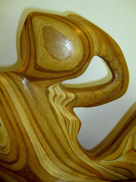 20th Century Cubist laminated wood hand carved nude sculpture woman signed
