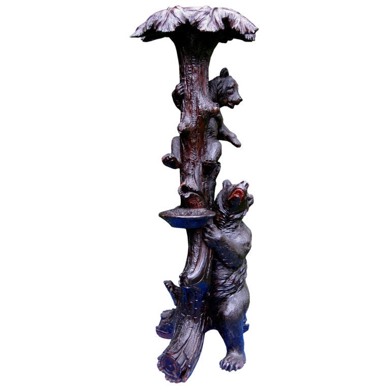 Well carved old Black Forest plant stand bear cubs glass eyes