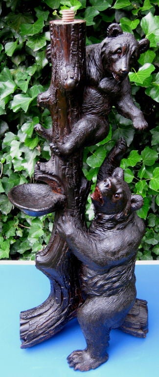 Wood Well carved old Black Forest plant stand bear cubs glass eyes