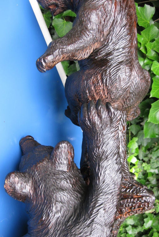 Well carved old Black Forest plant stand bear cubs glass eyes 2