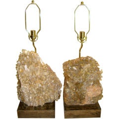 Magnificent large pr Madagascar crystal lamps cerused oak bases