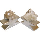 Pair hand carved silver leaf wood base specimen quartz bookends