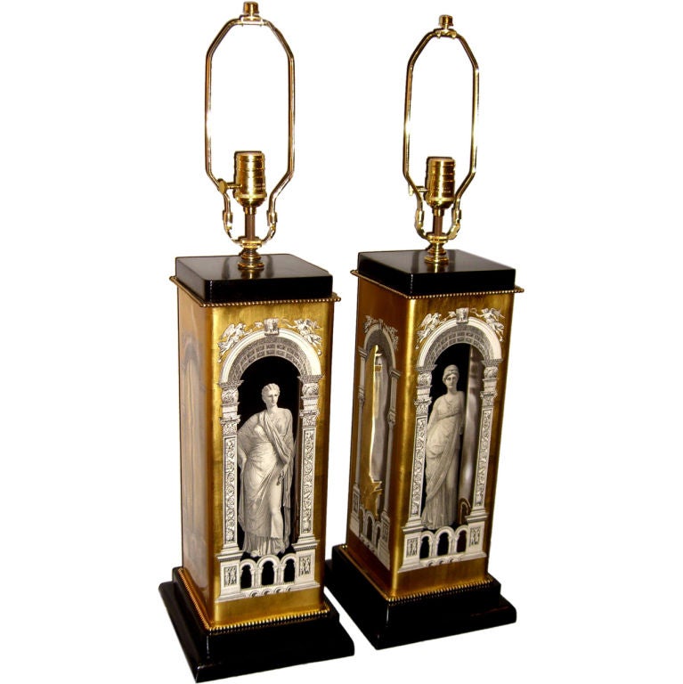 Beautiful Glass eglomise neo-classical lamps manner  Fornasetti