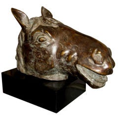 1960s artisan cast bronze horse head mounted on a black oak base