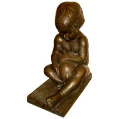Wonderful bronze by Edward Hoffman of girl with rabbitt 1977