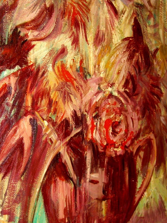 A nice heavy impasto style painted floral that is illegibly signed lower right but bears a Dibble Gallery, Englewood, NJ. It also bears a date of February 17, 1961. It is painted on masonite and mounted into a linen covered frame, which has losses.