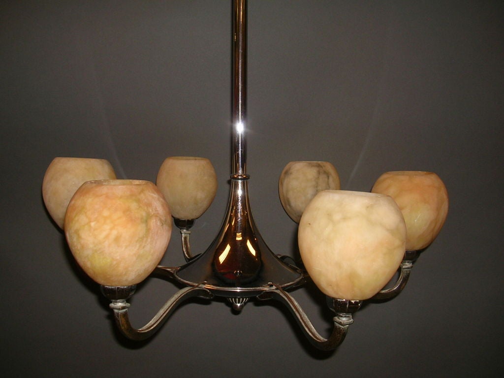 Mid-Century  French 6  Light  Alabaster And Chrome Chandelier