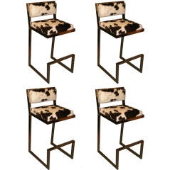 Set Of Four 1970's Chrome And Cowhide Bar Stools