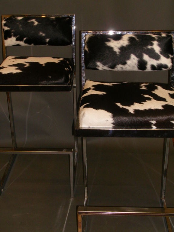 Set Of Four 1970's Chrome And Cowhide Bar Stools 1