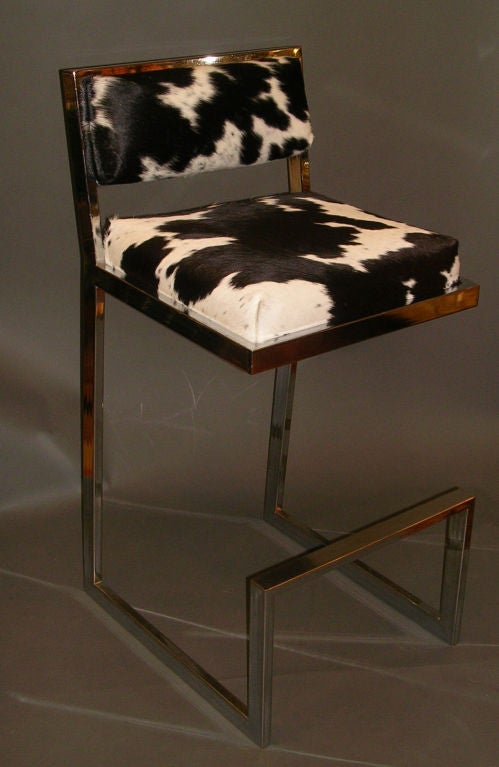 Set Of Four 1970's Chrome And Cowhide Bar Stools 3