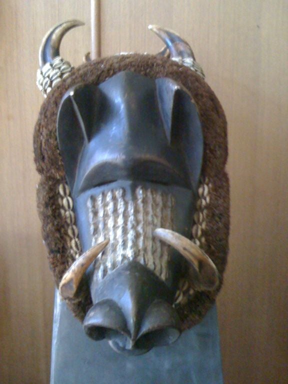 extrordinary... ivory coast tribal mask of museum quality.  having just been at the met, they missed this one.  for true collectors only, a warthog frontal with reed, hemp, rafia, conch shells bells and beads.  6 wart hog tusks and leather trim. 
