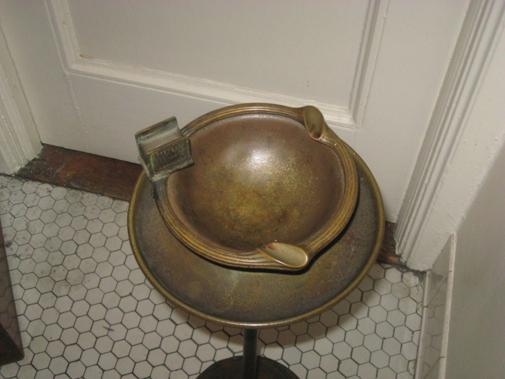 Signed Tiffany Studios Bronze Standing Ashtray and Match Holder with Original Patina-Ashtray is removable