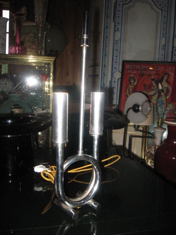 Pair of Art Deco chrome lamps in original condition with shades and silk cords.