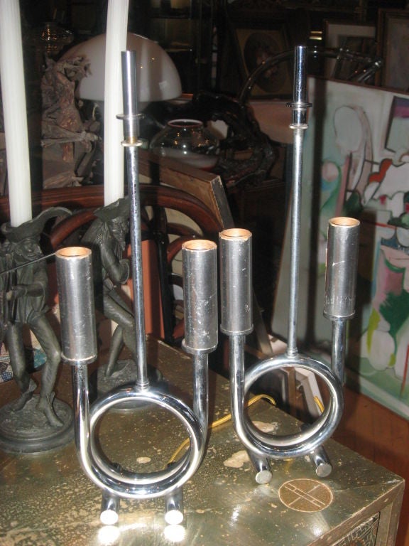 French Pair of Art Deco Chrome Lamps For Sale