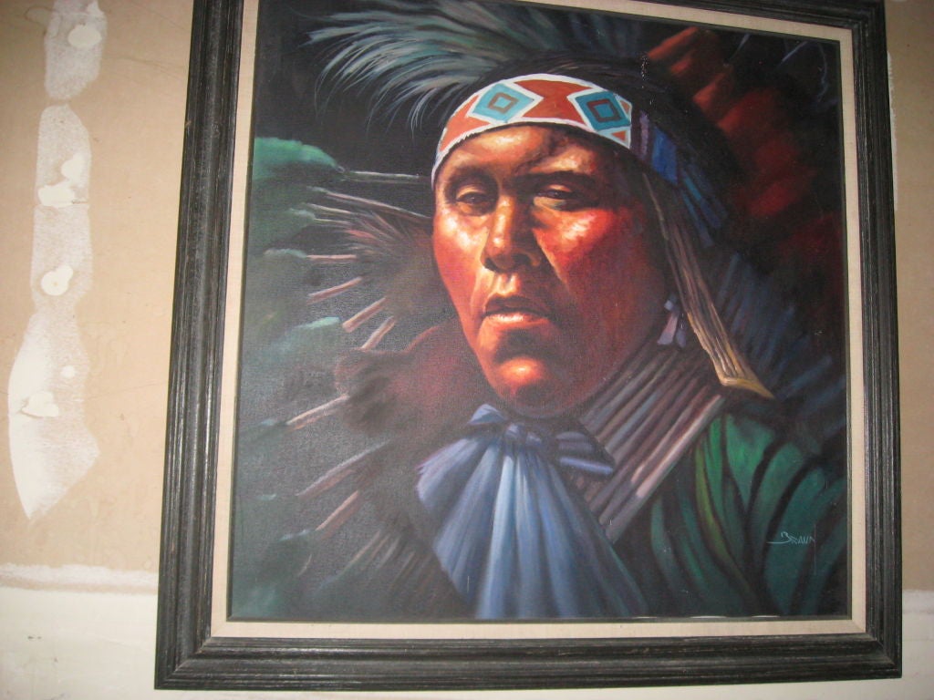 Beeindruckendes indianisches Öl  Gemälde von Braun 51x43, Gemälde im Zustand „Gut“ im Angebot in Water Mill, NY