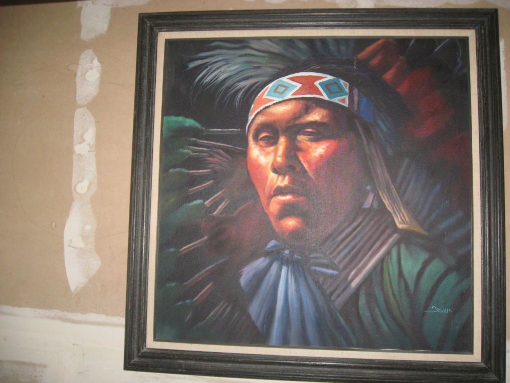 Beeindruckendes indianisches Öl  Gemälde von Braun 51x43, Gemälde (amerikanisch) im Angebot