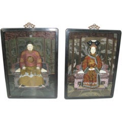 Pair Oriental Reverse Paintings on Glass