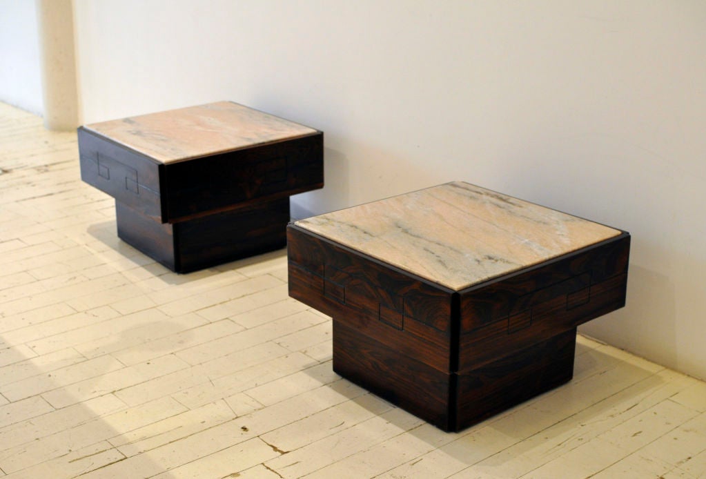 Wood Pair of Side Tables in Pink Marble and Jacarandá
