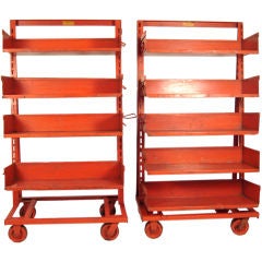 PAIR OF ORANGE METAL INDUSTRIAL  ADJUSTABLE STORAGE SHELVES