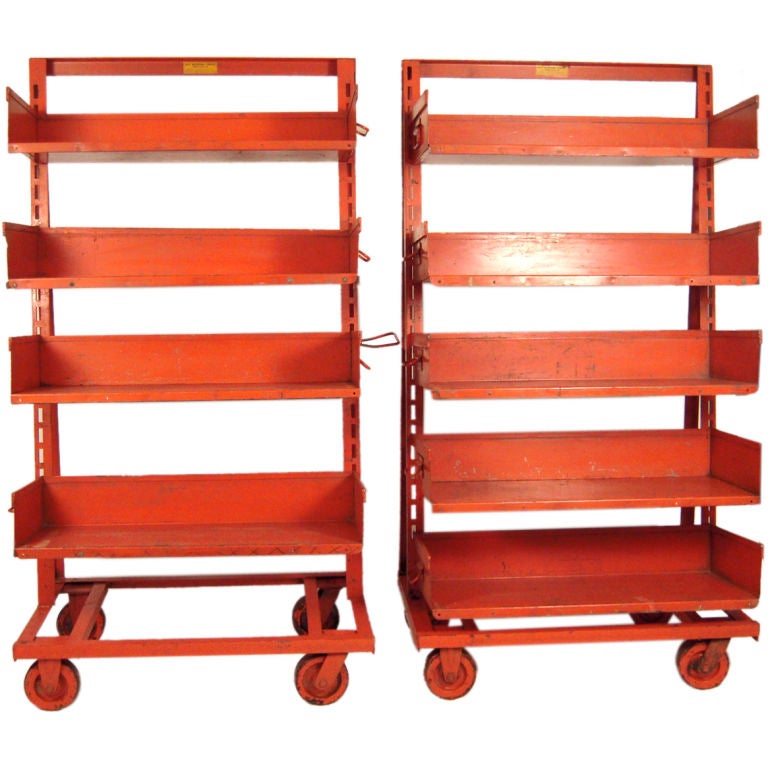 PAIR OF ORANGE METAL INDUSTRIAL ADJUSTABLE STORAGE SHELVES at 1stDibs |  orange metal shelves, orange metal shelf, orange metal bookcase