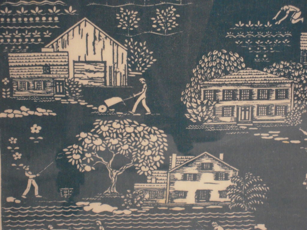 Hand block printed in blue on cotton Folly Cove Designers textile entitled 'Head of the Cove' by Louise Kenyon, circa 1945, depicting landmarks and village, country life in Annisquam (Gloucester), Massachusetts.<br />
<br />
This textile was hand
