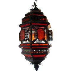 Vintage RED AND CLEAR GLASS MOROCCAN STYLE HANGING LANTERN