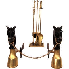 Vintage STYLISH PAIR OF IRON AND BRASS HORSE ANDIRONS WITH FIRETOOLS