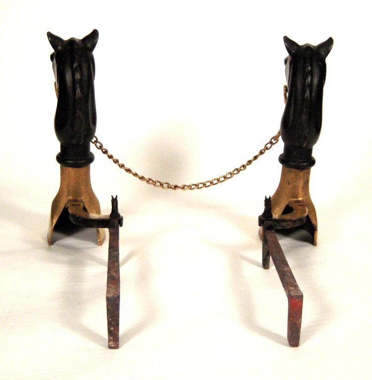 STYLISH PAIR OF IRON AND BRASS HORSE ANDIRONS WITH FIRETOOLS 1
