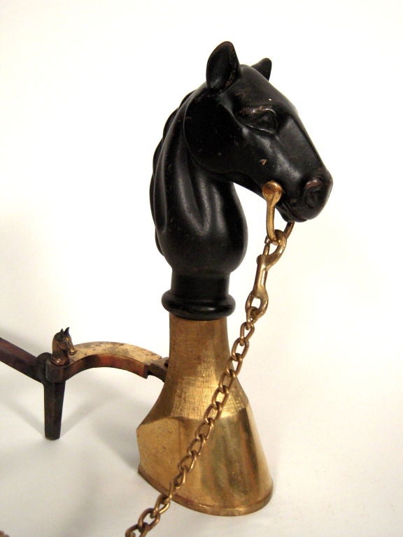 Mid-20th Century STYLISH PAIR OF IRON AND BRASS HORSE ANDIRONS WITH FIRETOOLS