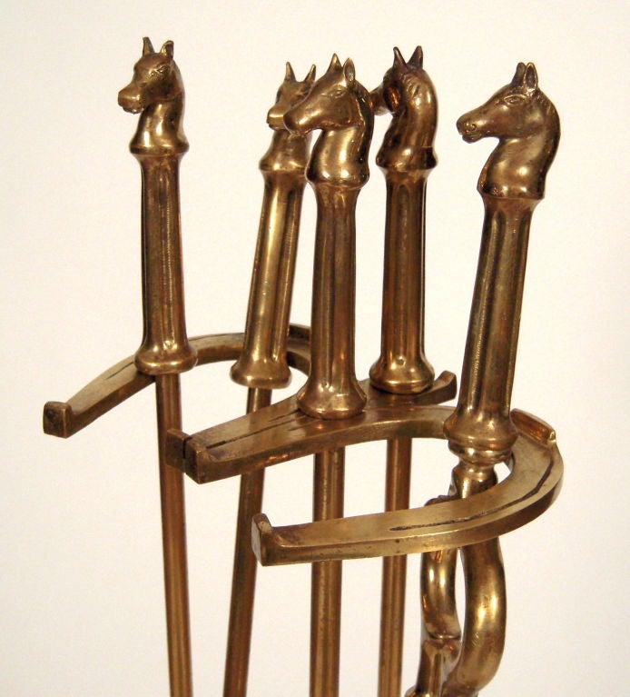 STYLISH PAIR OF IRON AND BRASS HORSE ANDIRONS WITH FIRETOOLS 5