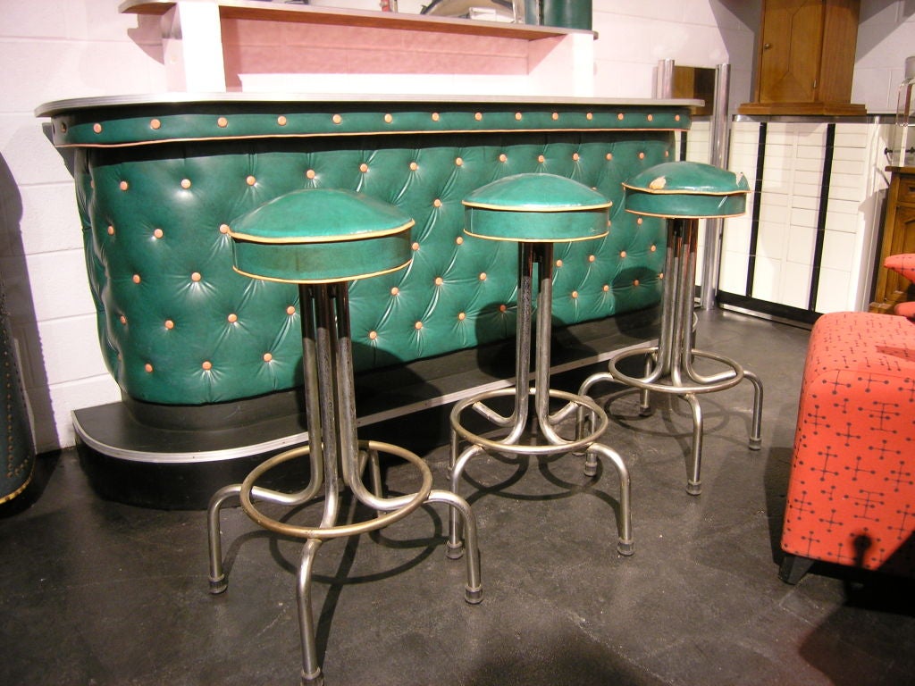 20th Century 1950s Vinyl and Formica Bar with Matching Mirror and Stools
