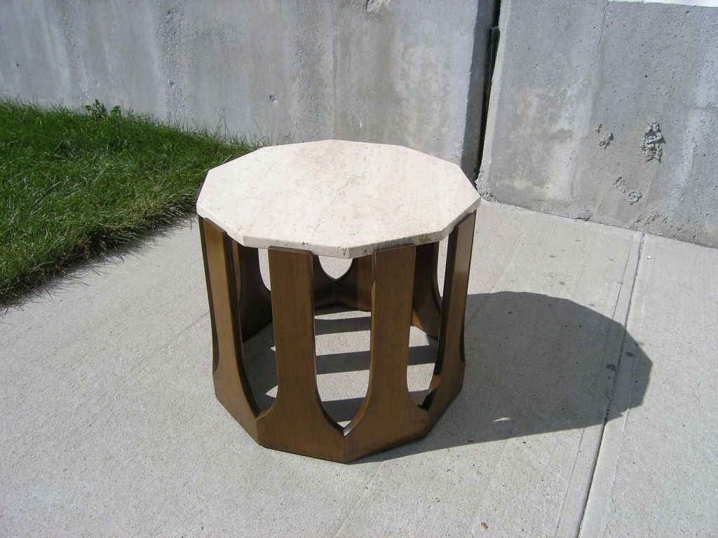 These beautiful matching side tables by Harvey Probber feature removable travertine tops on a decagonal mahogany base.
